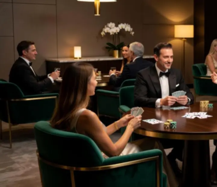 Guests relaxing in a plush card lounge at a private celebration