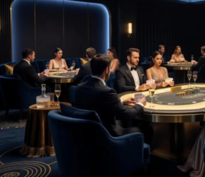 Luxury card lounge setup with premium seating, softly lit tables, and champagne gold and emerald decor.