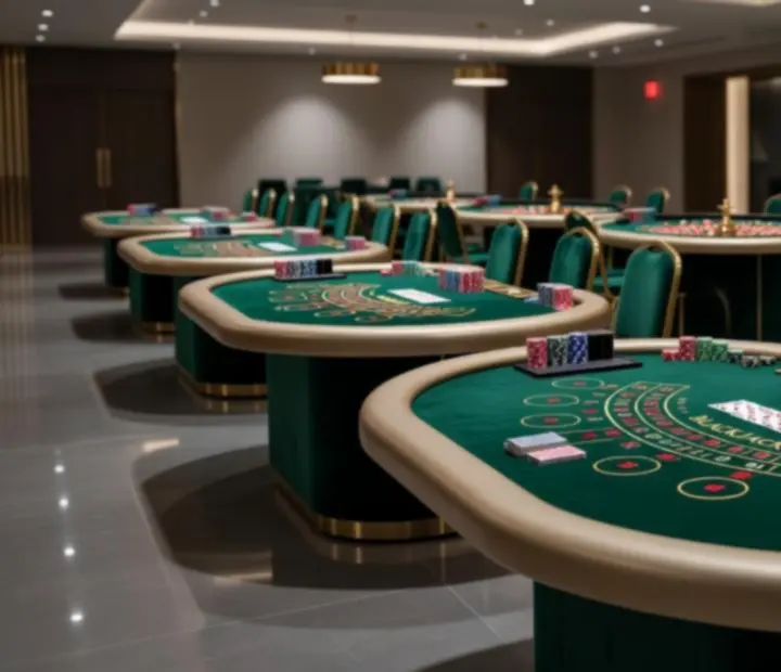 Luxurious poker and roulette tables arranged in a softly lit event venue