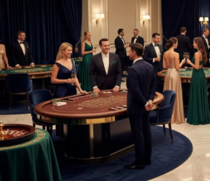 Overview of Zolmeraa Events casino-themed experience with premium tables, emerald and gold decor, and guests enjoying a sophisticated social evening.