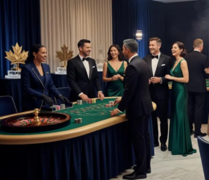 Sophisticated corporate casino-themed event with poker, roulette, and blackjack tables hosted by professionals