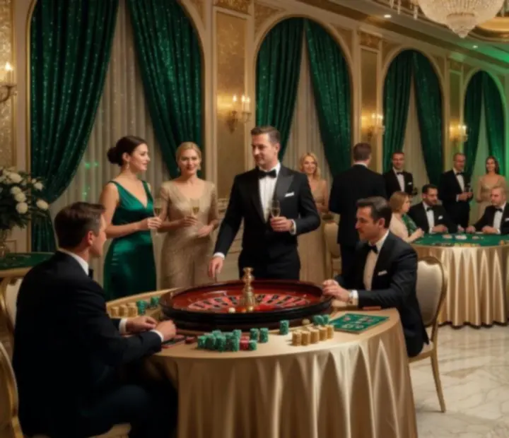 Stylish corporate casino-themed event setup with elegant tables and décor