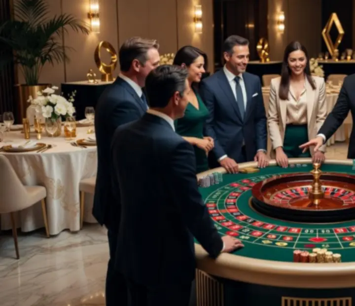 Elegant roulette station at a corporate event with guests enjoying a social gaming experience