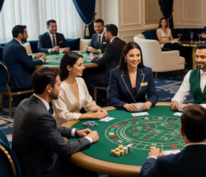 Luxury casino event setup with poker, roulette and blackjack tables styled by Zolmeraa Events