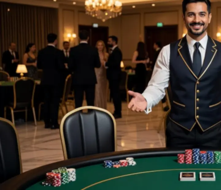 Professional event hosts and dealers greeting guests at a casino-themed event