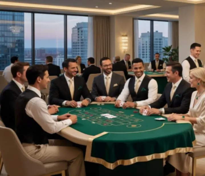 Casino-themed event setup with poker, roulette and blackjack tables in a luxury setting