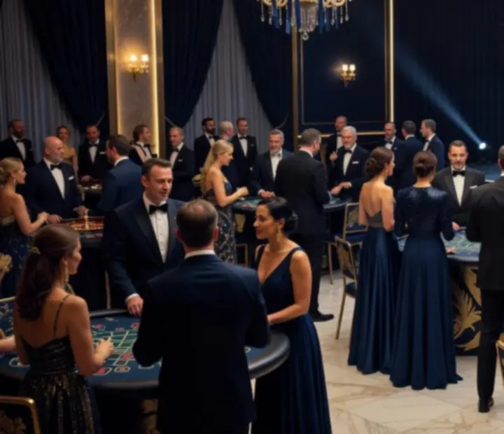 Gala evening with casino-themed tables and guests in formal attire enjoying social gaming.