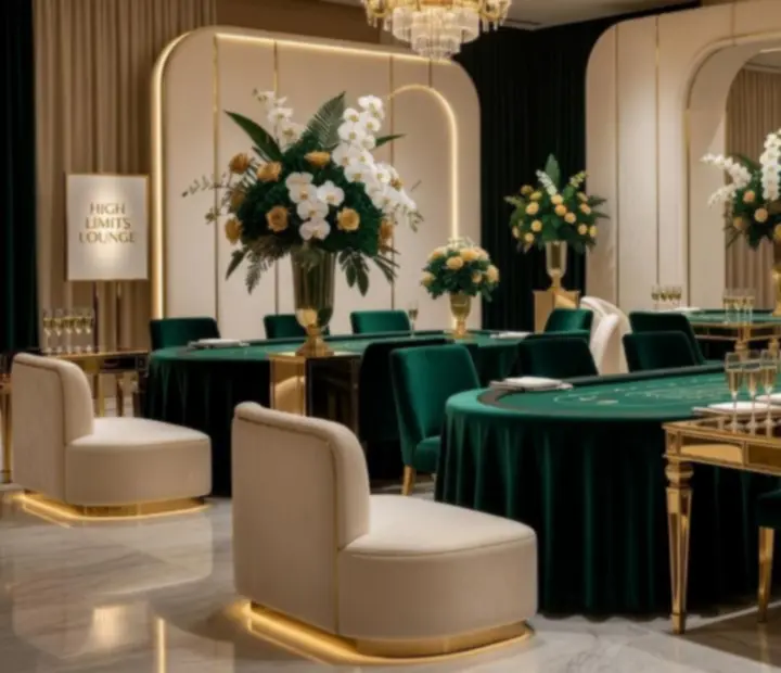 Casino-themed luxury decor featuring emerald details, champagne gold accents, and ivory backdrops.