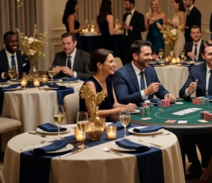 Guests enjoying a luxury casino-inspired private celebration with poker and card tables