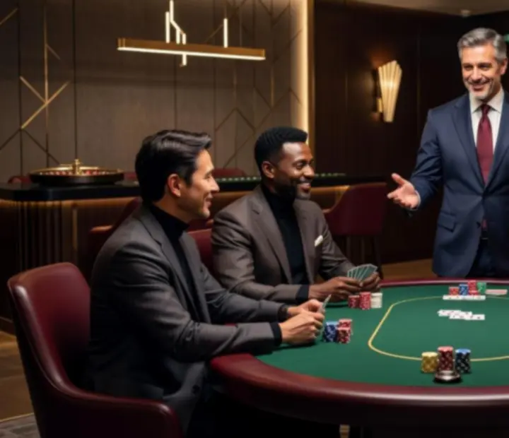 Guests gathered around a professional poker table at a private event