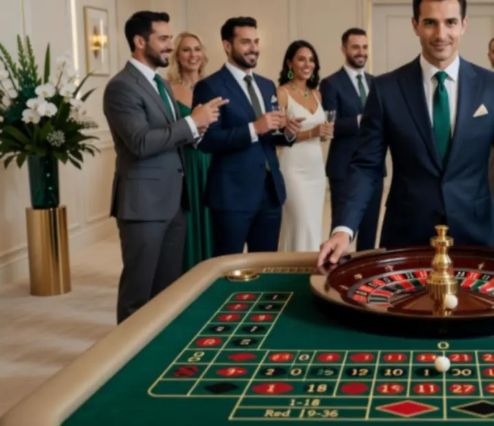 Elegant roulette table centerpiece surrounded by guests at a sophisticated event.